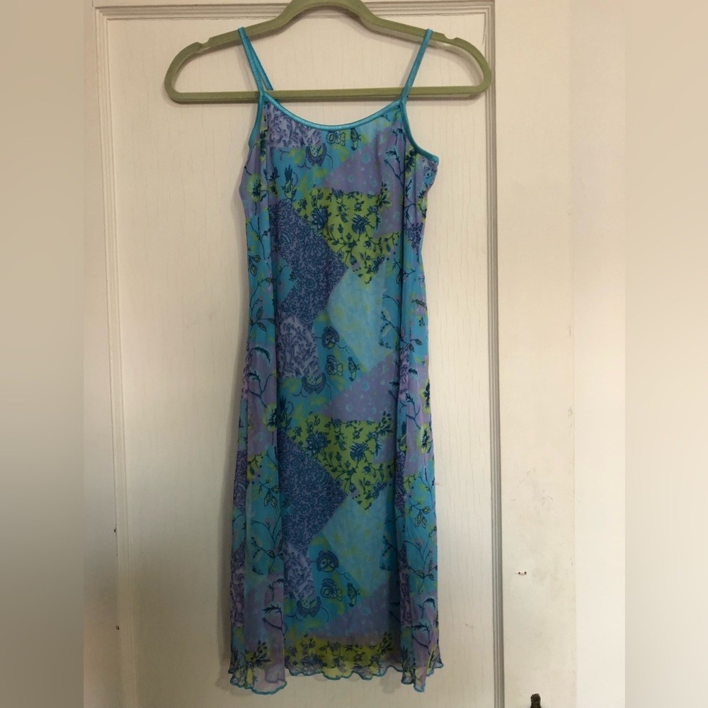 Slip dress, shades of baby blue, lilac and chartreuse, size 8